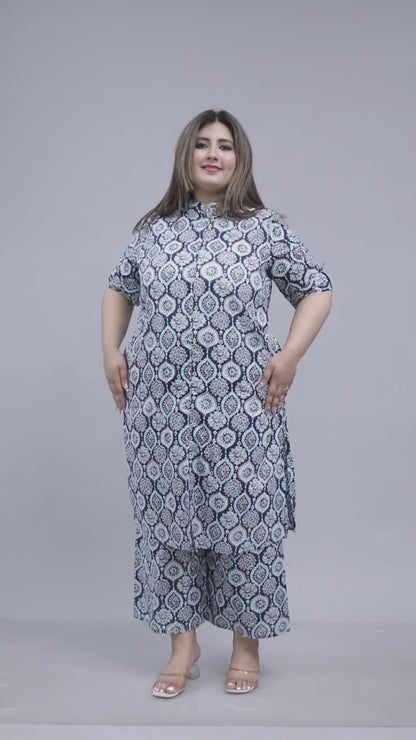 MUGAL MOTIF PRINT COTTON 2 PEICE KURTA PLAZZO IN BLUE/WHITE BY PLUSSIZEKURTI