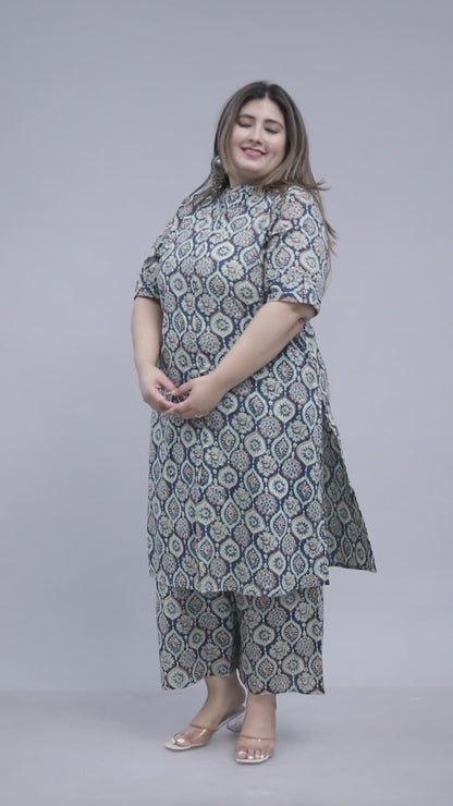 MUGAL MOTIF PRINT COTTON 2 PEICE KURTA PLAZZO IN NAVYBLUE/BEIGE BY PLUSSIZEKURTI