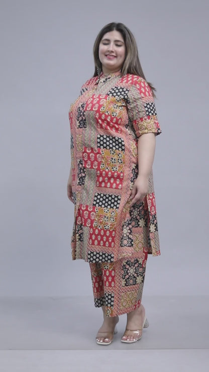 GEOMETRIC PRINT COTTON 2 PEICE KURTA PLAZZO IN MUSTARD BY PLUSSIZEKURTI
