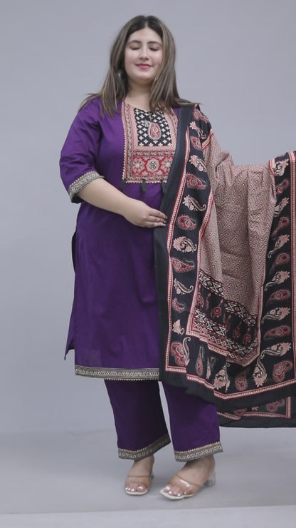 TRIBAL AJRAKH SOLID COTTON 3 PEICE KURTI PANT SET IN PURPLE BY PLUSSIZEKURTI