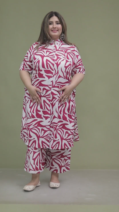 TROPICAL LEAFS PRINT COTTON 2 PEICE KURTA PLAZZO IN MAGENTA PINK BY PLUSSIZEKURTI
