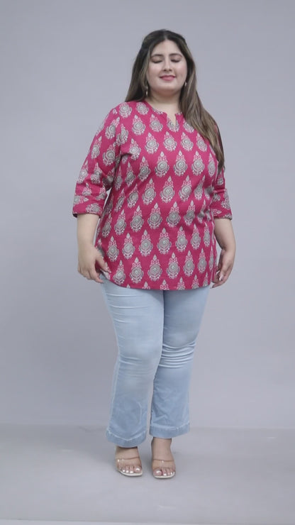 TRADITIONAL BUTI PRINT COTTON TOP IN WINE RED COLOUR BY PLUSSIZEKURTI