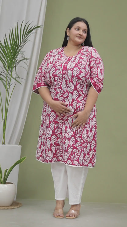 LEAF PRINT HANDWORK COTTON 2 PEICE KURTA PANT IN PINK BY PLUSSIZEKURTI