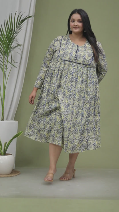 PAISLEY BLOCK PRINT COTTON  DRESS IN BLUE/YELLOW BY PLUSSIZEKURTI