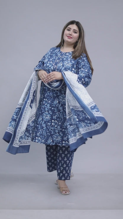 FLORAL PRINT COTTON 3 PEICE KURTA PANT IN BLUE BY PLUSSIZEKURTI
