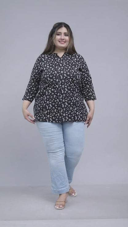 MINI FLORAL PRINT COTTON TOP IN BLACK COLOUR BY PLUSSIZEKURTI