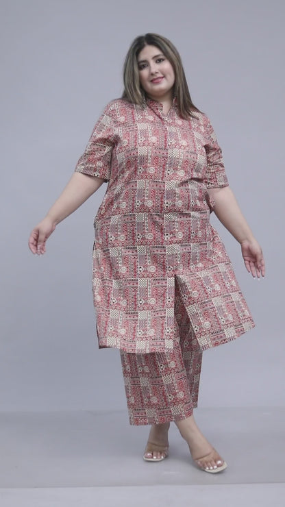 TRIBAL GEOMETRIC PRINT COTTON 2 PEICE KURTA PLAZZO IN RUST/BEIGE BY PLUSSIZEKURTI