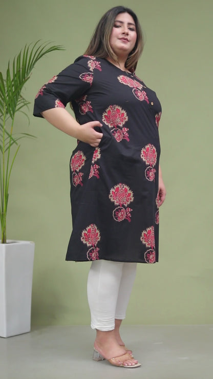 HANDBLOCK FLORAL BUTTA PRINT COTTON KURTI IN BLACK/RED BY PLUSSIZEKURTI