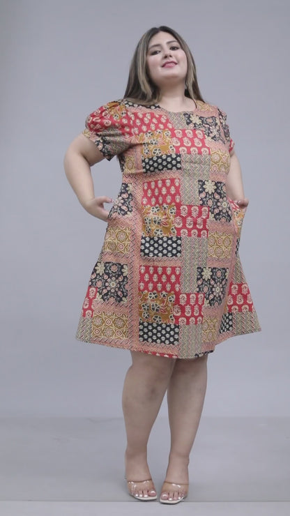 PATCHWORK MOTIF PRINT COTTON DRESS IN MUSTARD BY PLUSSIZEKURTI
