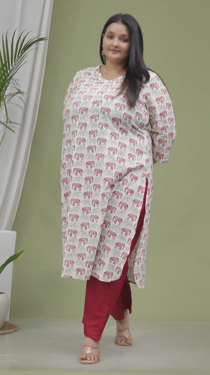 ELEPHANT MOTIF PRINT COTTON 2 PEICE KURTA PANT IN GREY/MAHROON BY PLUSSIZEKURTI